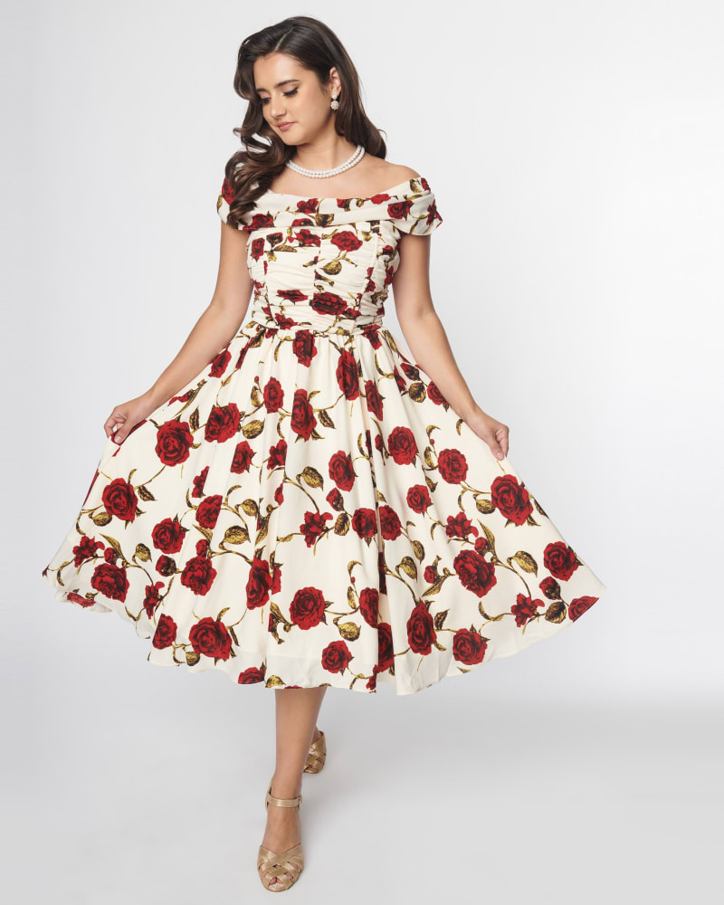 Front of a model wearing a size L Unique Vintage White & Red Roses Off The Shoulder Tea Length Dress in White & Red Roses by Unique Vintage. | dia_product_style_image_id:319634